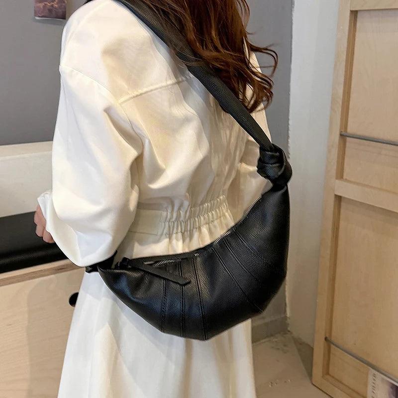 Genuine Leather Crossbody Bag Crescent Women Soft Cow Leather Zipper Shoulder