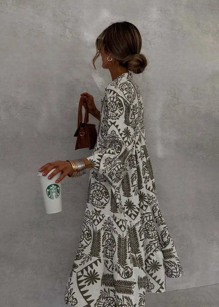 Bohemian Print Midi Dress – V-Neck 3/4 Sleeve Beach Dress
