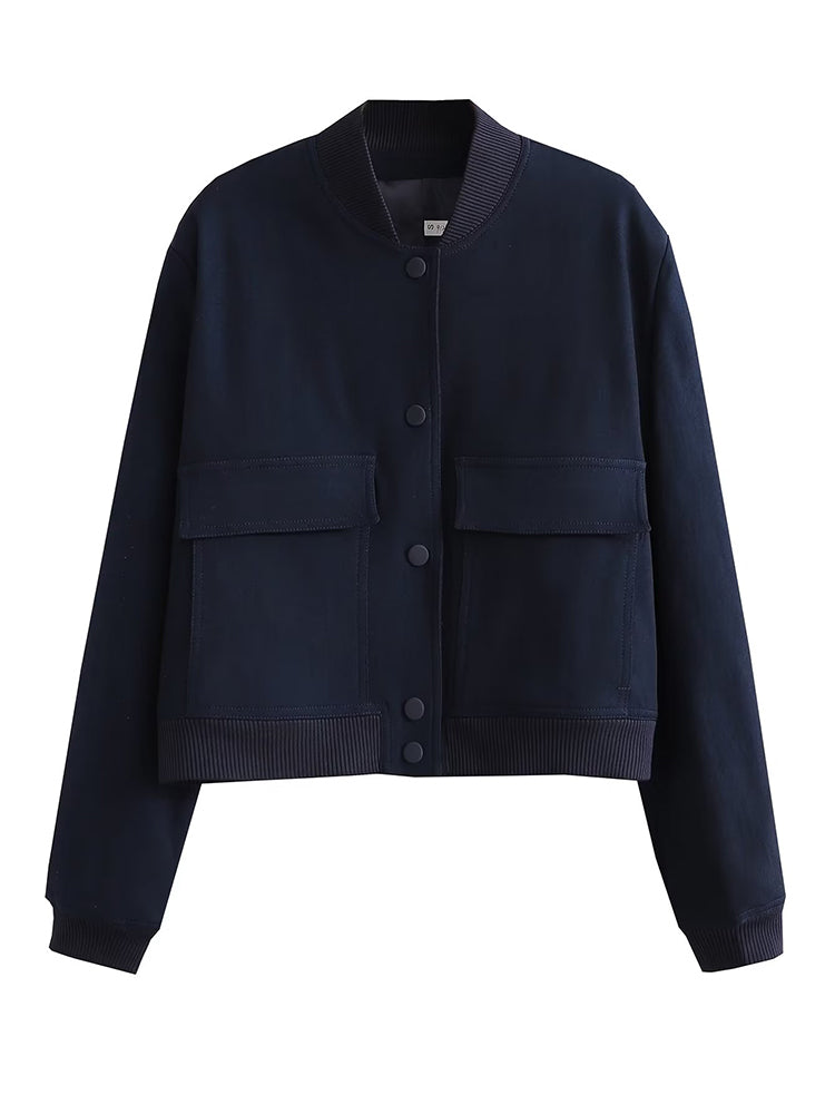 Women Fashion Solid Bomber Jackets Coat With Pockets V-Neck Single Breasted Long Sleeves