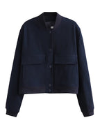 Women Fashion Solid Bomber Jackets Coat With Pockets V-Neck Single Breasted Long Sleeves