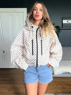 Polka Dot Hooded Women's Jacket Chic Turtleneck Zipper Long Sleeve Pockets Thin Coat 2026 Autumn Outerwear