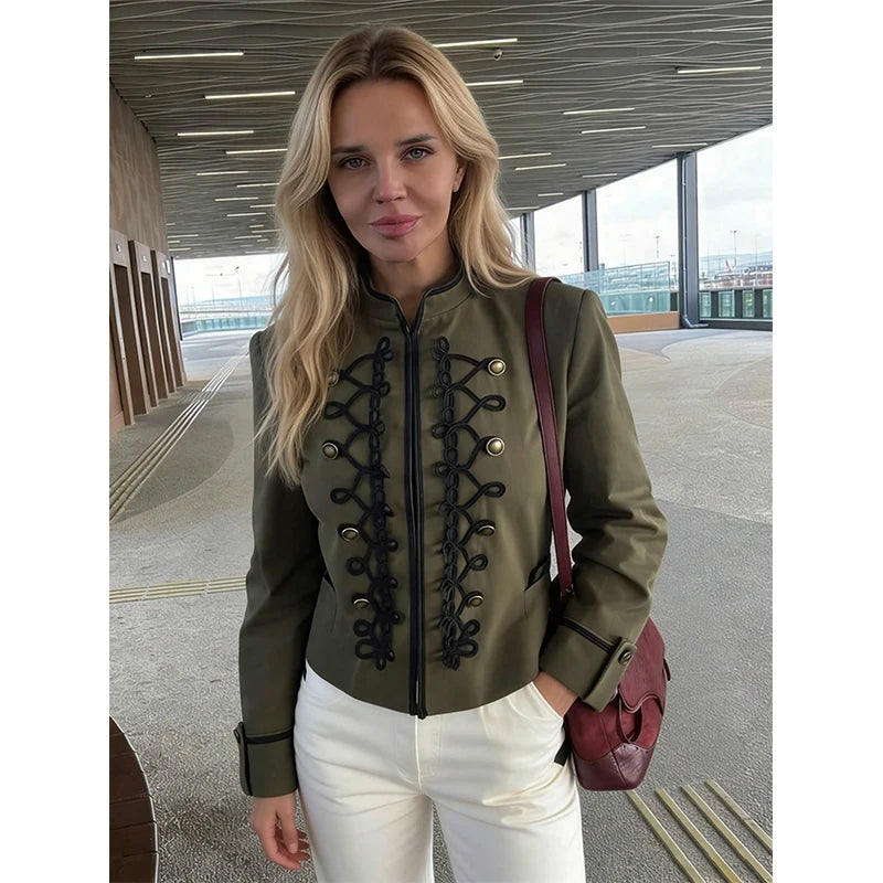 Women's Jacket Vintage Solid Knot Button Single-Breasted Stand Collar Full-Sleeve Slim Short Outerwear Coat