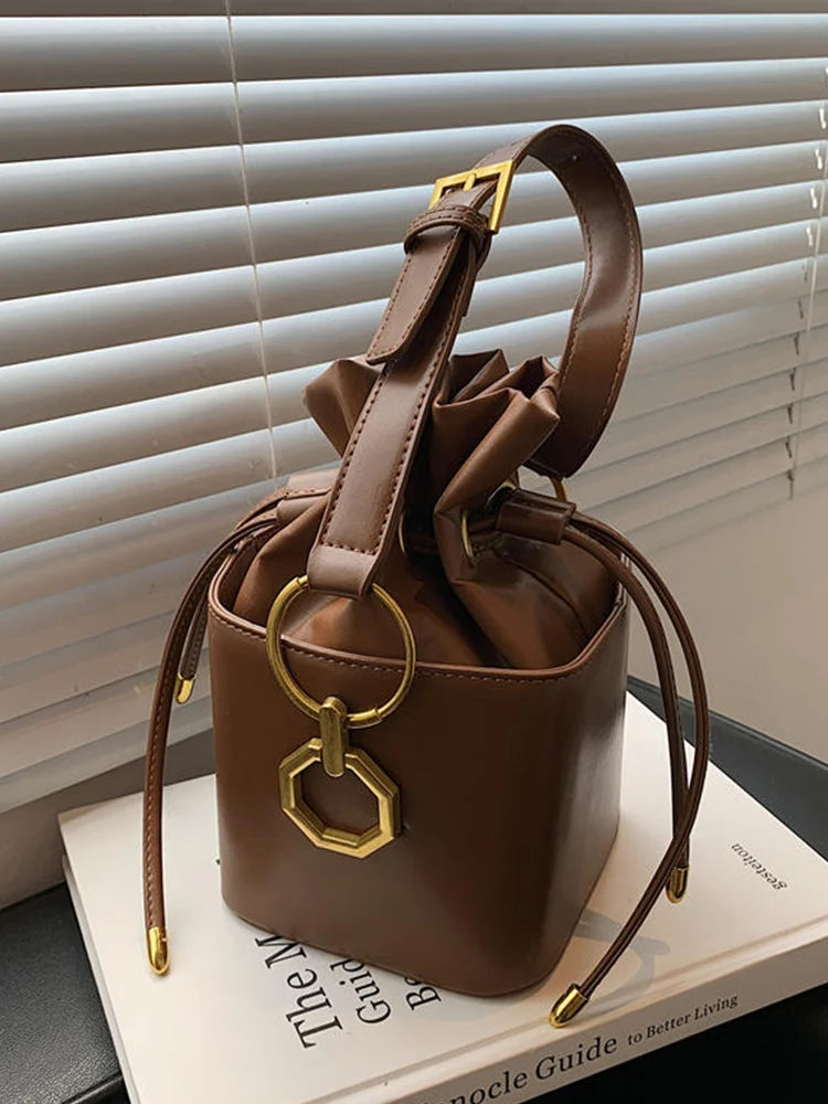 Mini Box Bucket Bags Women Pu Leather Drawstring Top Adjustable Handle Square