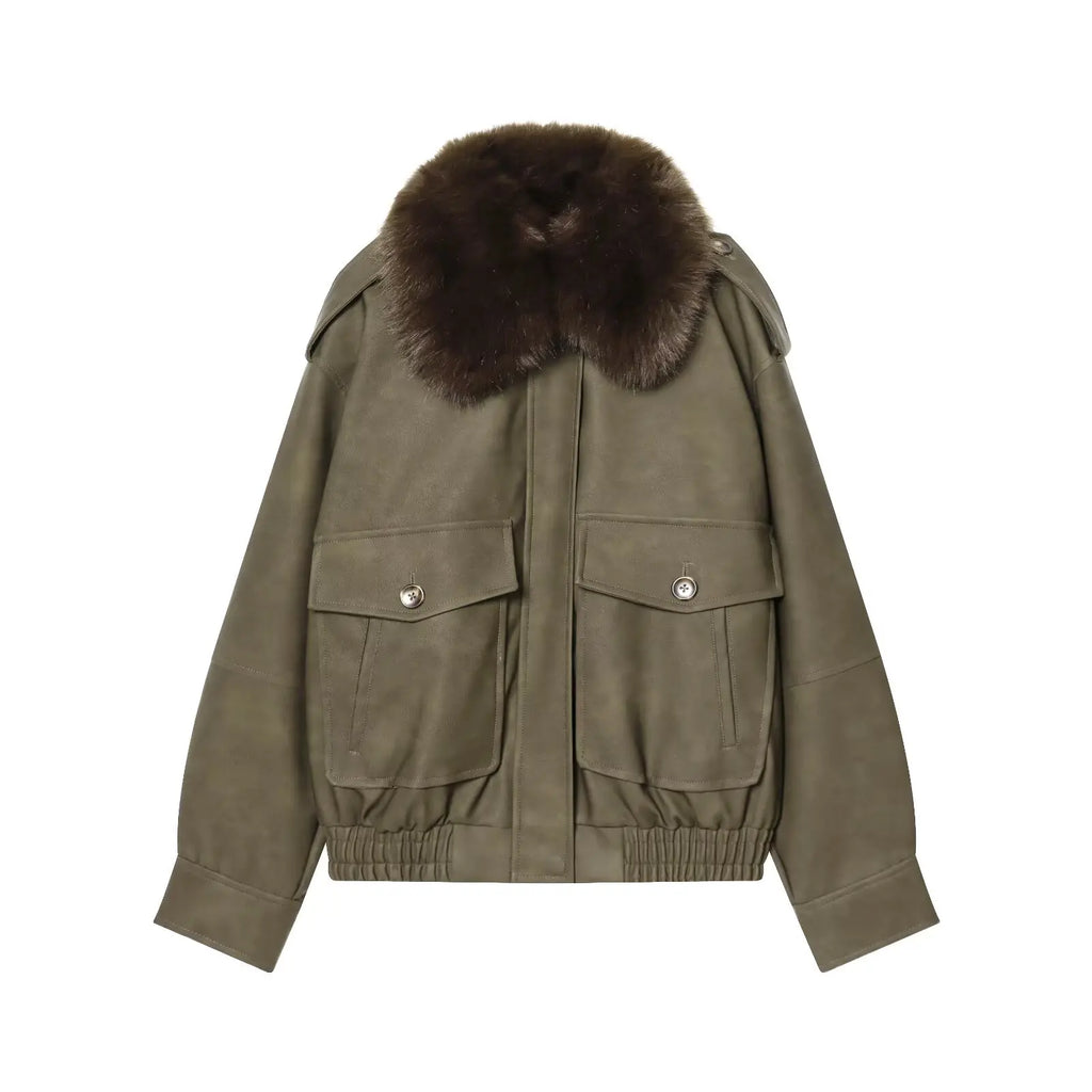 Women's  Faux Fur Collared Zip-Up Jacket with Pockets
