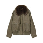 Women's  Faux Fur Collared Zip-Up Jacket with Pockets