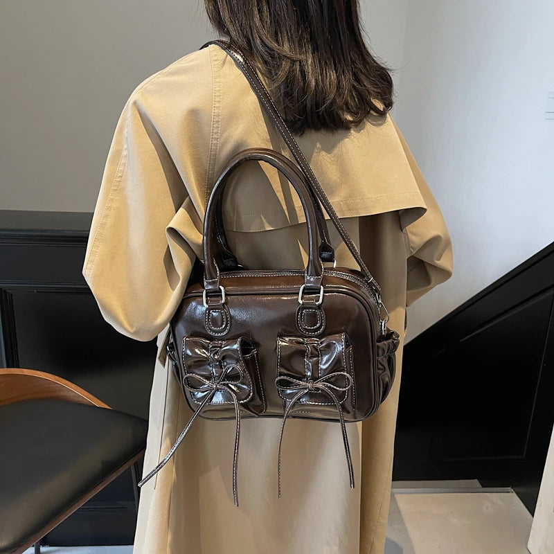 Leather Tote Bags Women Bow Ruched Outer Flap Pockets Style Zipper Crossbody