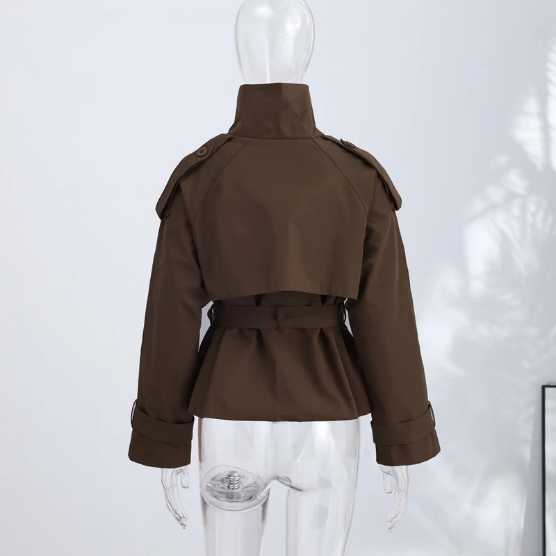 Women's Jacket Solid Lace-Up Double-Breasted Turn-Down Collar Full-Sleeve High-Waist Short Streetwear Coat