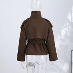 Women's Jacket Solid Lace-Up Double-Breasted Turn-Down Collar Full-Sleeve High-Waist Short Streetwear Coat