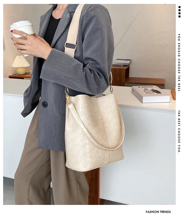 Women Bag Vintage Crocodile Pattern Crossbody Bags PU Leather Trend Designer Shoulder Handbags Large Capacity Bucket