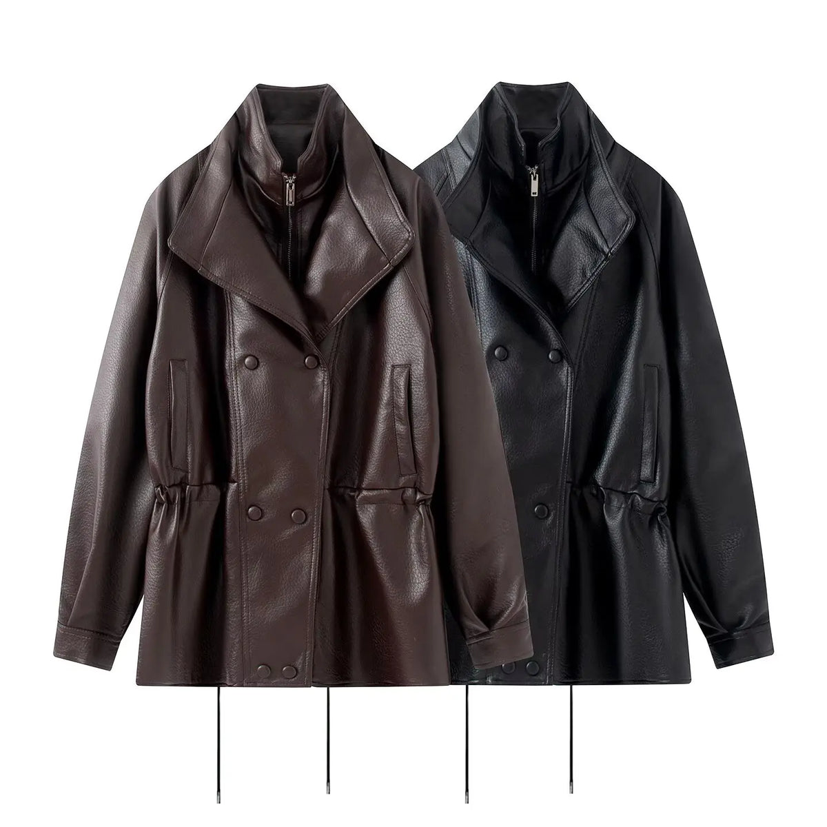 Women Fashion PU Solid Drawstring Double Breasted Jackets Vintage High Neck Long Sleeves Female Chic Lady Outfits
