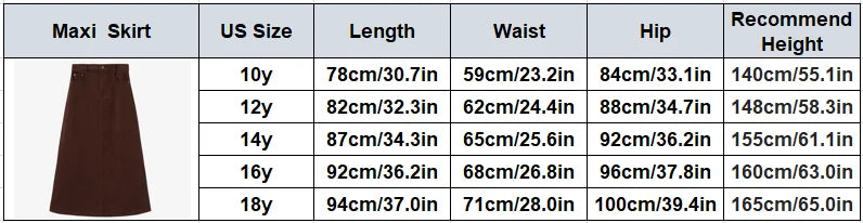 Tabela de especificações para saia maxi castanha, mostrando dimensões do vestuário A-line