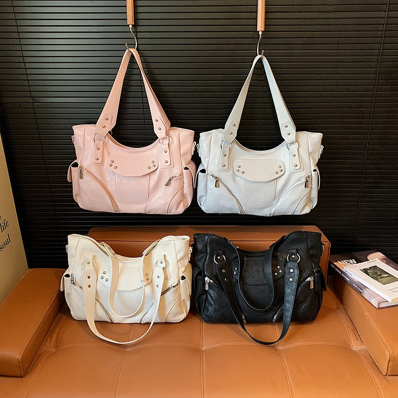 Women's PU Leather Hobo Shoulder Bag - Silver Stud Rivet Detail, Adjustable Strap