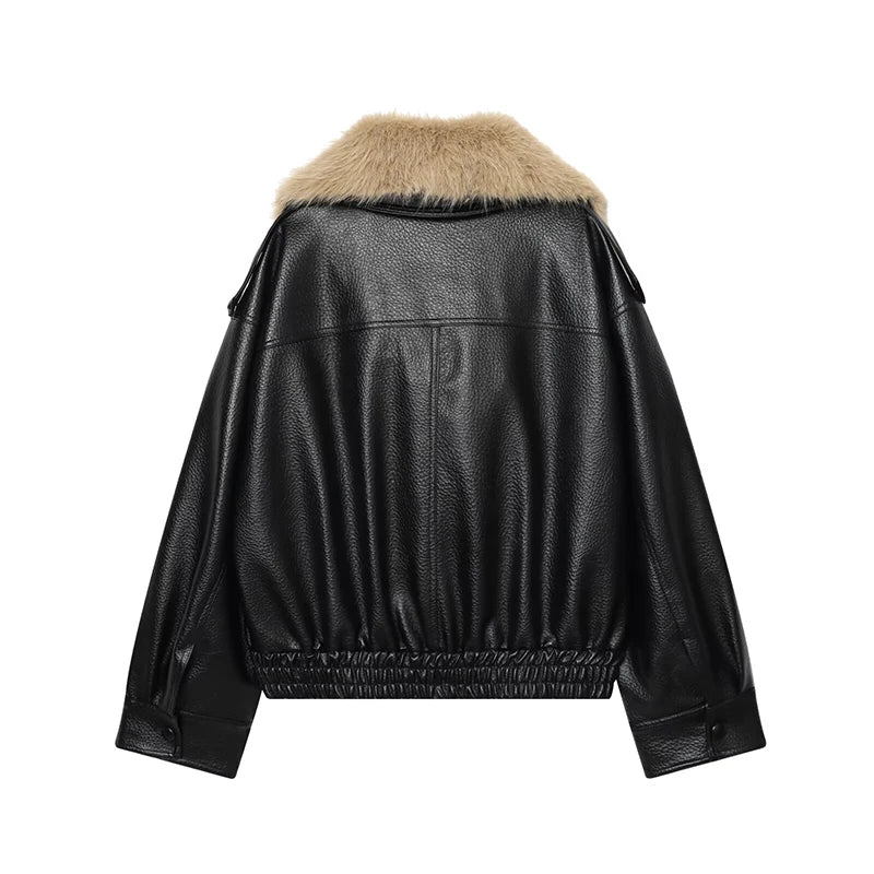 Women's Coat Vintage Faux Leather Big Fur Collar Double-Breasted Loose Full-Sleeve Thick Outerwear Jacket