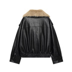 Women's Coat Vintage Faux Leather Big Fur Collar Double-Breasted Loose Full-Sleeve Thick Outerwear Jacket