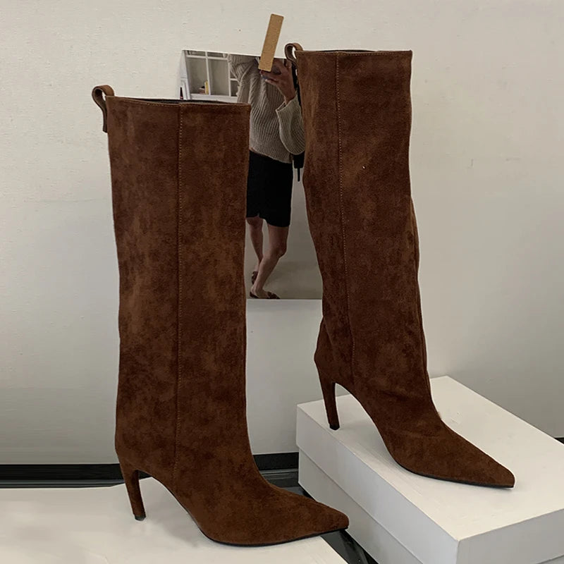 Women's Faux Suede Knee-High Boots with Pointed Toe