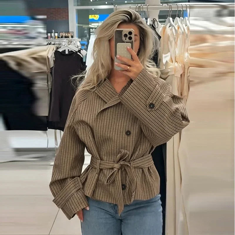 Women's Jacket Polyester Plaid Loose Stand Collar Full-Zip Full-Sleeve Casual Autumn Outerwear