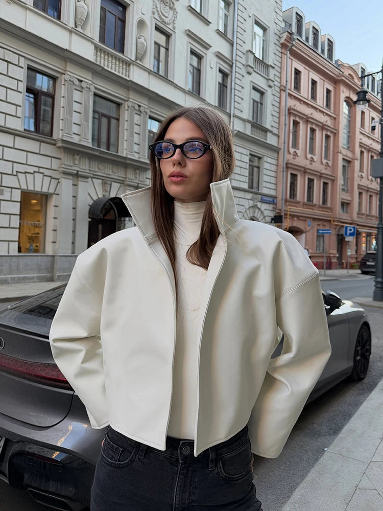 Urban Solid Pu Leather Women Jacket Street Stand Collar Long Sleeve Female Outwear 2026 Autumn Winter Chic New Lady Streetwear