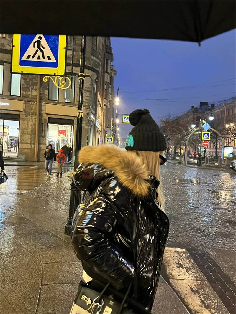 Women's Glossy Hooded Puffer Jacket with Faux Fur Trim