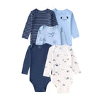 Duplicate view of five long-sleeve newborn bodysuits showing navy stripes, embroidered dog pocket, giraffe print, solid navy,