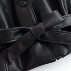 Women's Faux Leather Casual Fashion Jacket Belted Stand-Collar Button-Front Coat