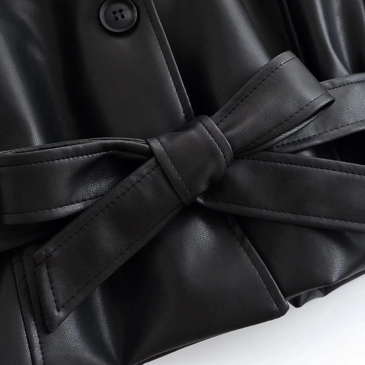 Women's Faux Leather Casual Fashion Jacket Belted Stand-Collar Button-Front Coat