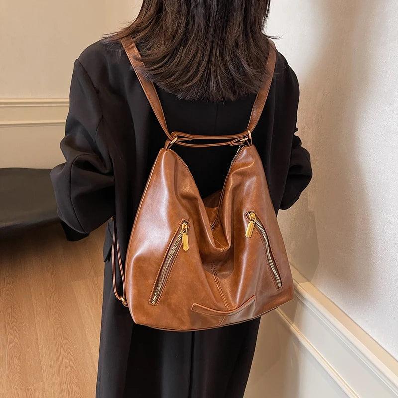 Large Leather Shoulder Bags Zipper Outer Pockets Women Soft Handbags Purses