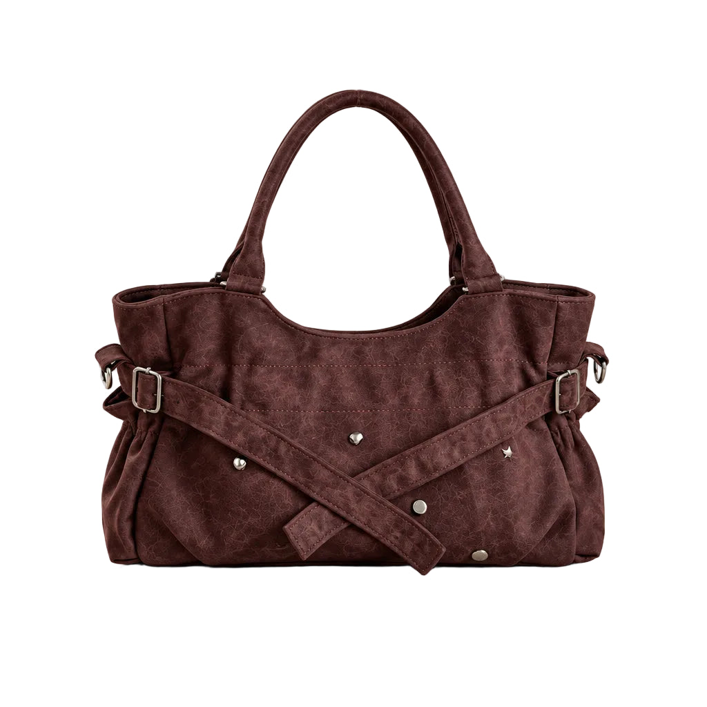 PU Leather Vintage Tote Bag – Rivet Detail, Adjustable Strap, 37×20×9 cm