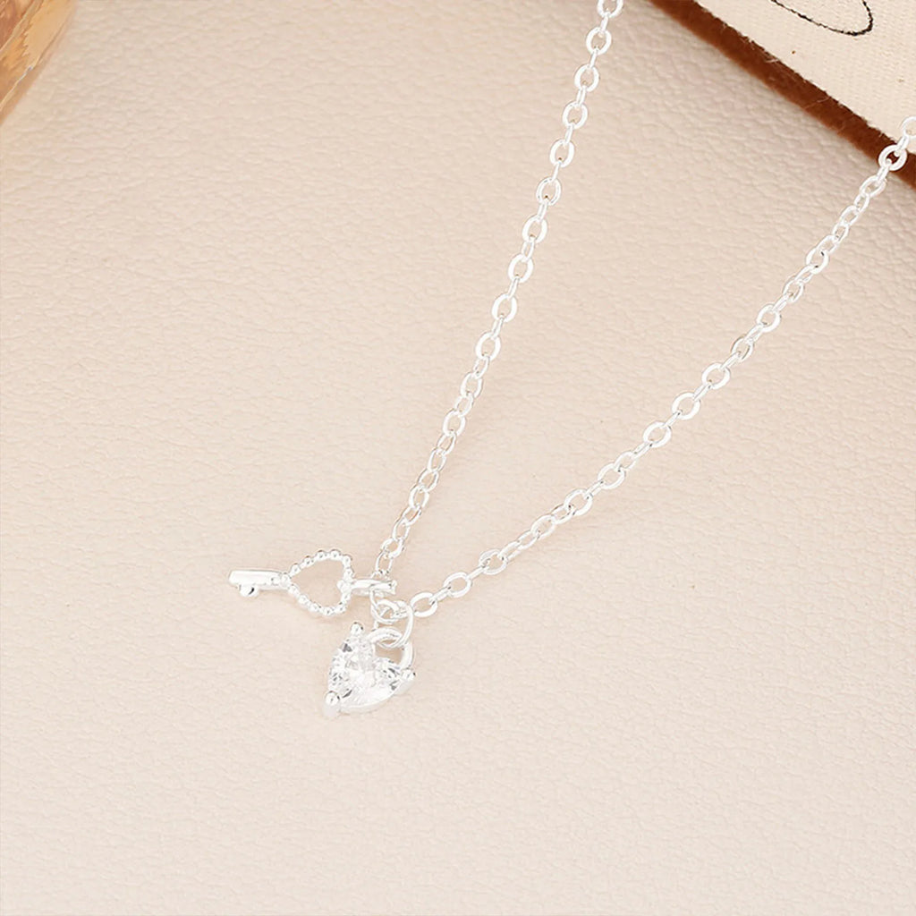 S925 Sterling Silver Unique Key and Heart Pendant Necklace Women Chain Jewelry