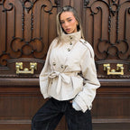 Women's Jacket Solid Lace-Up Double-Breasted Turn-Down Collar Full-Sleeve High-Waist Short Streetwear Coat