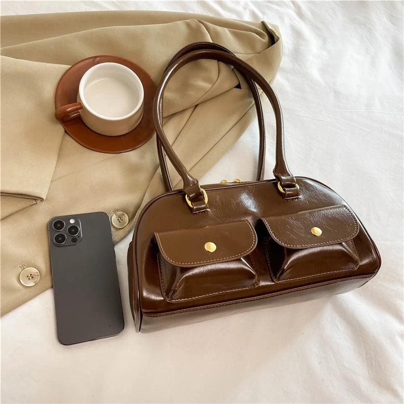 Double Snap Pockets Retro Leather Shoulder Bags Women Zipper Tote Handbags