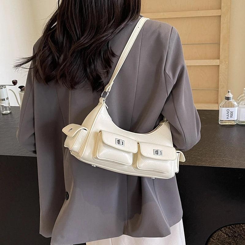 Double Pockets Retro Leather Shoulder Bags Women Zipper Small Crossbody Bags