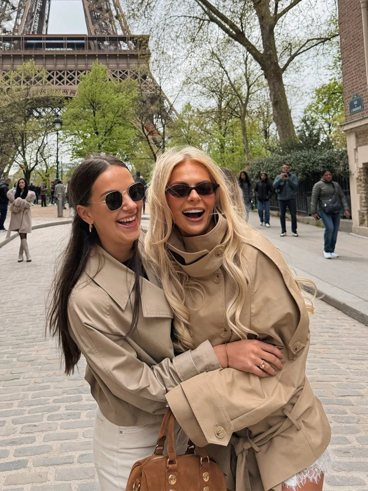 Khaki Belted Short Trench Coat for Women