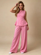 2026 Women Casual Set Elegant Back Tie Sleeveless Peplum Top + Wide Leg Pants 2 Pieces