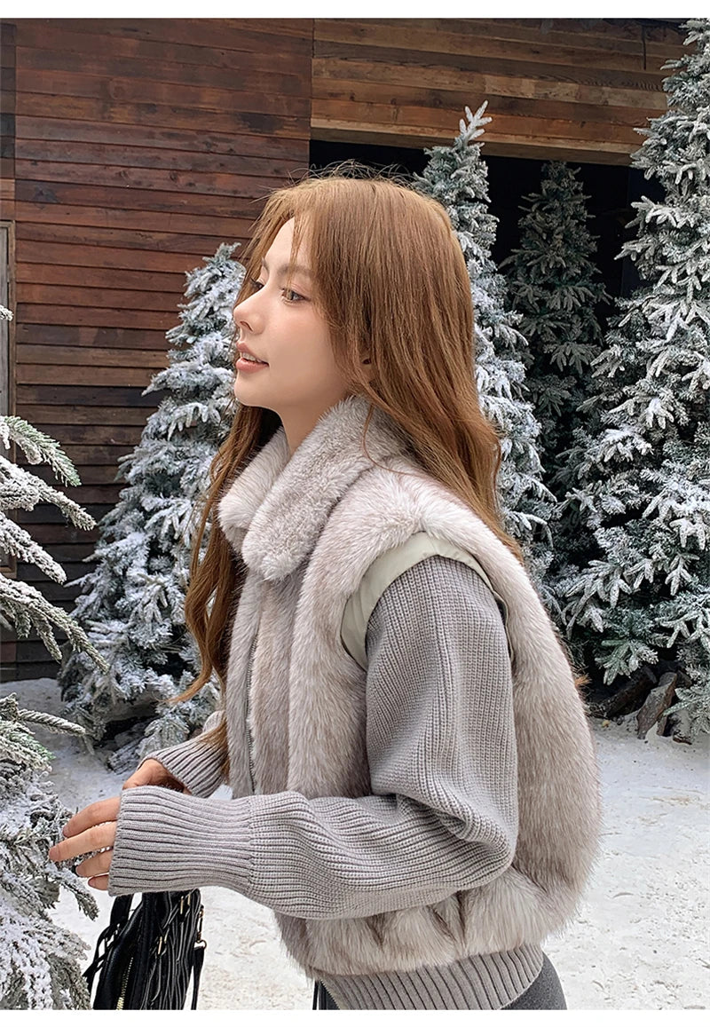 Women's Cropped Faux Fur Jacket with Ribbed Knit Sleeves