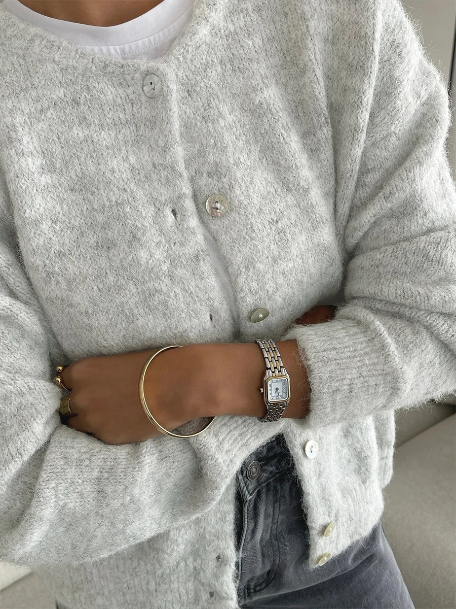 Women's Cardigan Slim-Fit Single-Breasted O-Neck Button Wool-Cotton-Acrylic Blend Full-Sleeve Autumn Winter Sweater