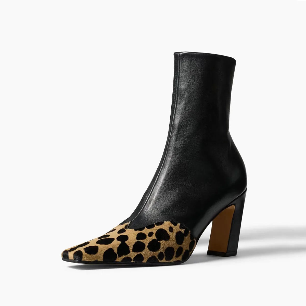 Women's Leopard Horsehair Ankle Boots – Square Toe Side Zip Chunky Heel