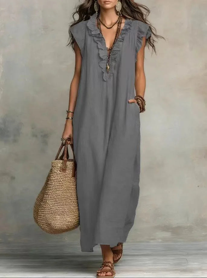 Boho Maxi Dress with Pockets – Ruffle V-Neck Sleeveless Beach Dress