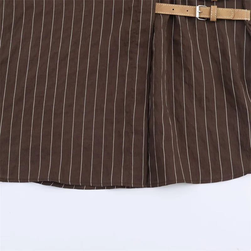 Women's Blouse Brown Striped Full-Sleeve Loose-Fit Single-Breasted Turn-Down Collar Shirt