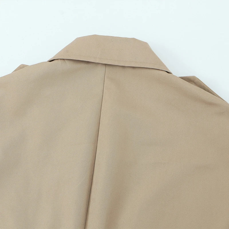 Women's Coat Double-Breasted Short Trench Jacket Vintage Notched-Collar Wide-Waist Long-Sleeve Woven Coat in Khaki