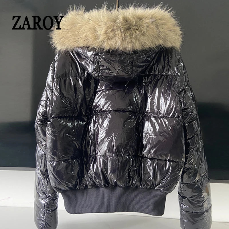 Women's Glossy Hooded Puffer Jacket with Faux Fur Trim