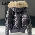 Women's Glossy Hooded Puffer Jacket with Faux Fur Trim