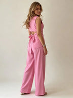 2026 Women Casual Set Elegant Back Tie Sleeveless Peplum Top + Wide Leg Pants 2 Pieces