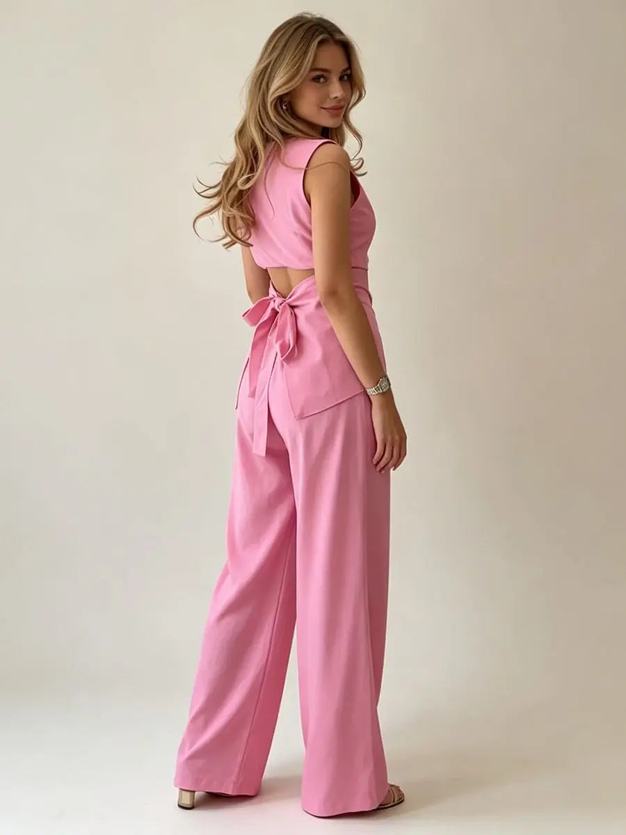 2026 Women Casual Set Elegant Back Tie Sleeveless Peplum Top + Wide Leg Pants 2 Pieces