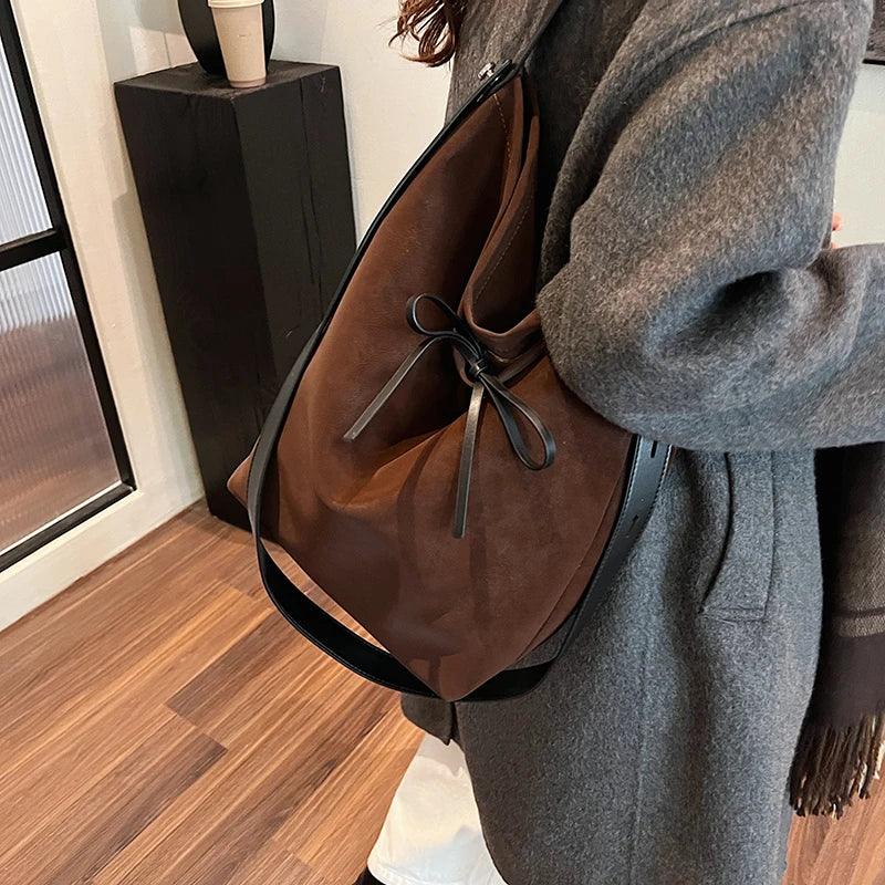 Suede Retro Shoulder Bag Women Tie Soft Hobo Crossbody Handbags Solid Purses