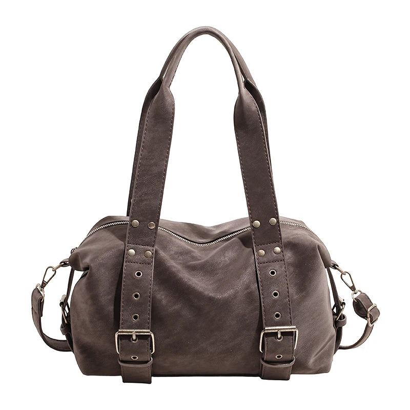 Women's Shoulder Bag Vintage Baguette-Shape PU Leather Zipper Crossbody Bag with Phone Pocket