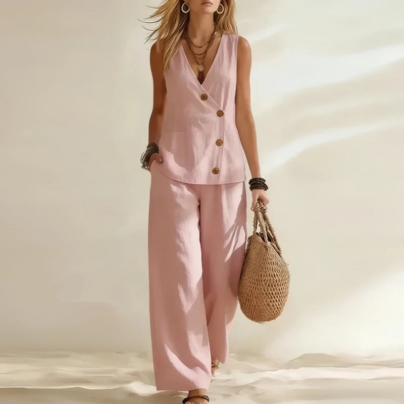 2026 Women's Casual Pants Suits Outfits Two-Piece Wide Leg Pants Vest Tops Summer Elegant Office
