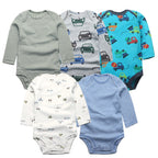 Set of five vehicle-themed long sleeve infant bodysuits featuring cars, trucks, and striped patterns in blue and green