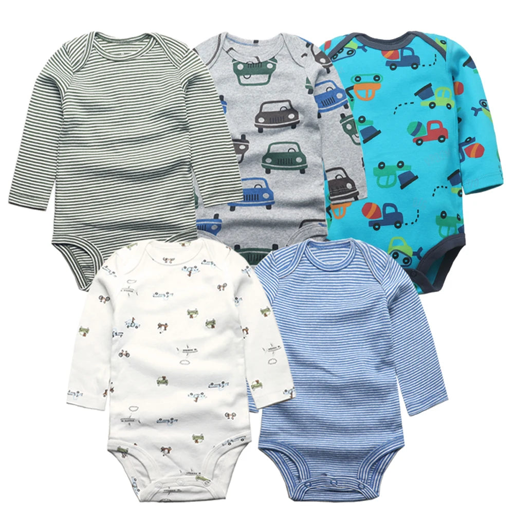 Set of five vehicle-themed long sleeve infant bodysuits featuring cars, trucks, and striped patterns in blue and green
