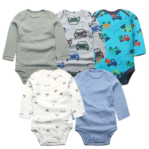 Set of five vehicle-themed long sleeve infant bodysuits featuring cars, trucks, and striped patterns in blue and green