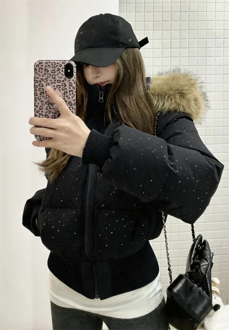 Women's Rhinestone Hooded Puffer Jacket with Plush Trim